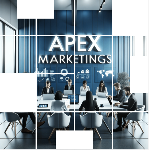 A collage of office scenes at Apex Marketing, with professionals engaged in discussions and digital work in a modern corporate environment by apex marketings.