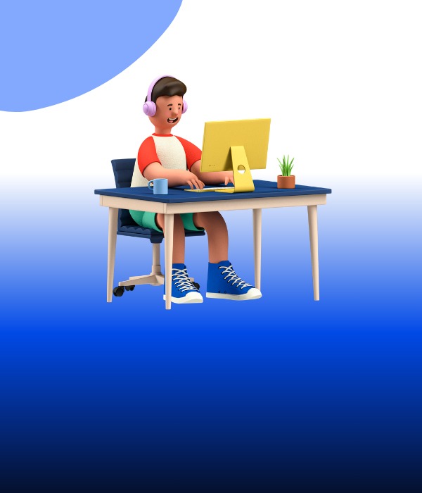 A cheerful animated character with headphones working on a laptop at a desk with a coffee cup and plant, illustrating remote work by Apex Marketings.