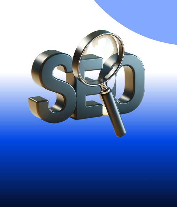 Metallic 3D letters SEO with a magnifying glass focusing on a part of the globe, depicting the global impact of search engine optimization.