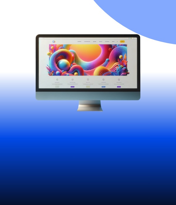 A computer monitor displaying a vibrant, abstract design with swirling colors and shapes on a webpage, suggesting creativity and digital artistry.